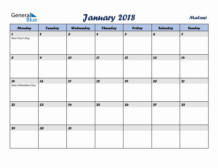 January 2018 Calendar with Holidays in Malawi