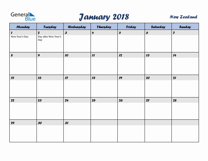 January 2018 Calendar with Holidays in New Zealand