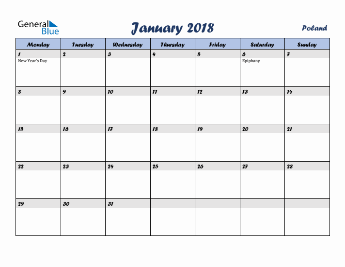 January 2018 Calendar with Holidays in Poland