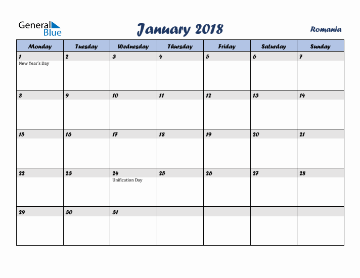January 2018 Calendar with Holidays in Romania