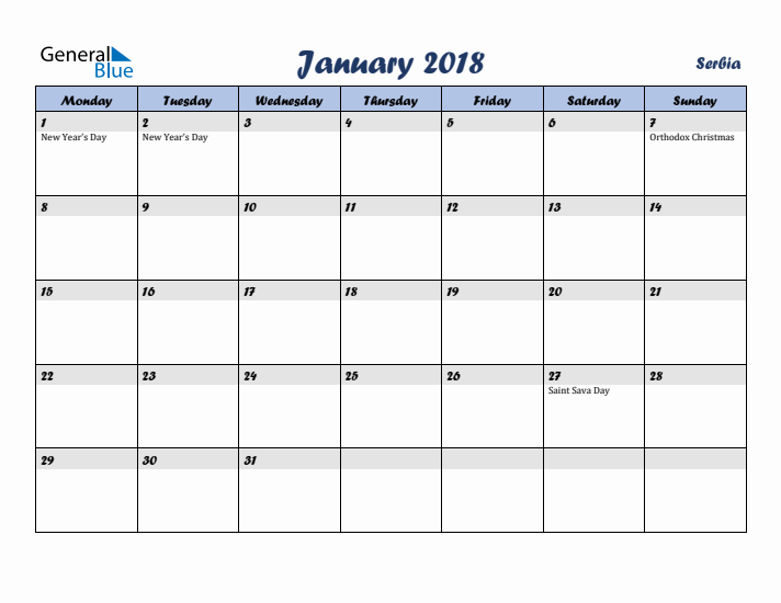 January 2018 Calendar with Holidays in Serbia
