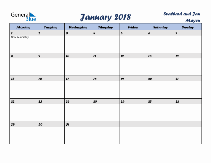 January 2018 Calendar with Holidays in Svalbard and Jan Mayen