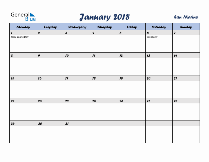 January 2018 Calendar with Holidays in San Marino