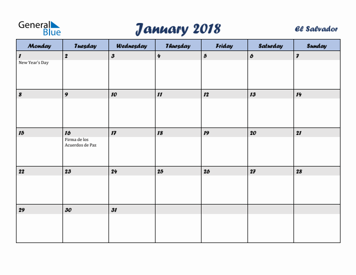 January 2018 Calendar with Holidays in El Salvador