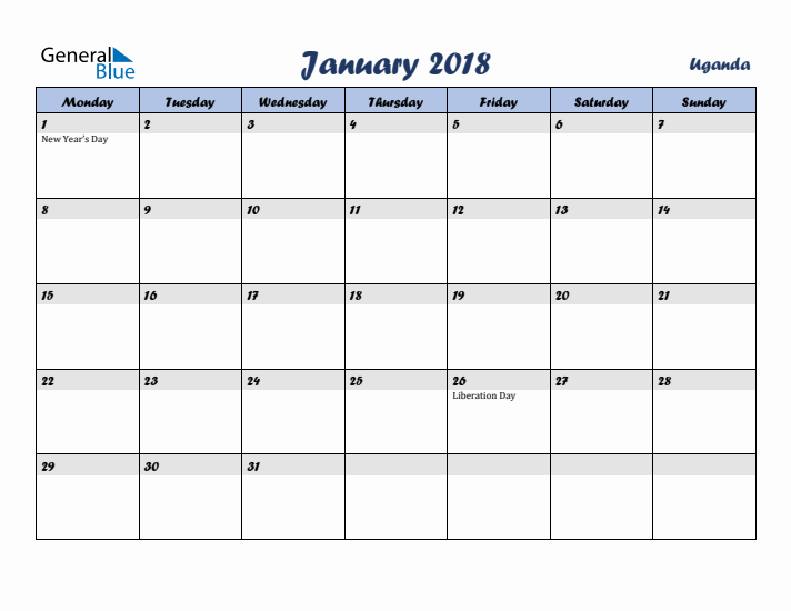 January 2018 Calendar with Holidays in Uganda