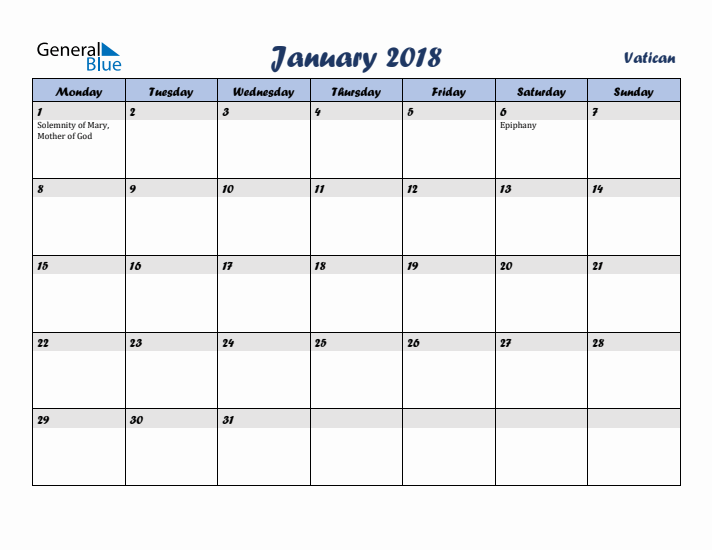January 2018 Calendar with Holidays in Vatican