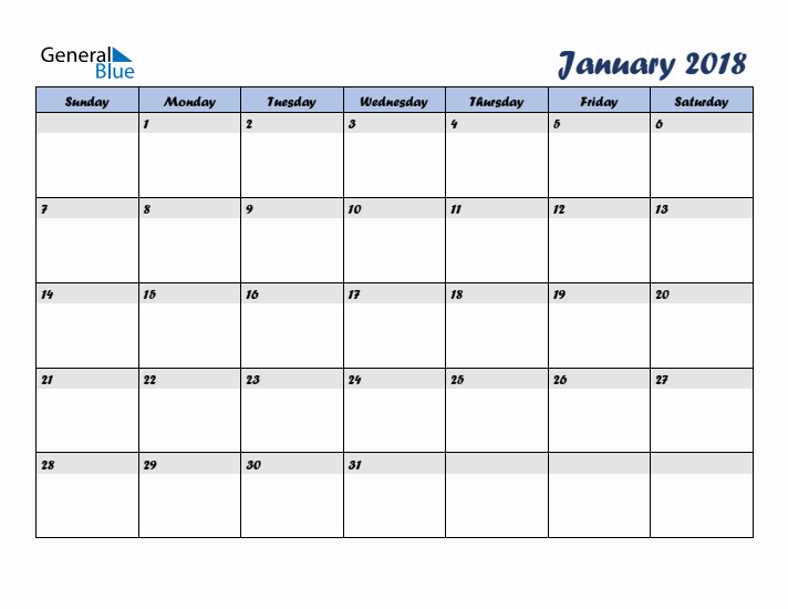 January 2018 Blue Calendar (Sunday Start)