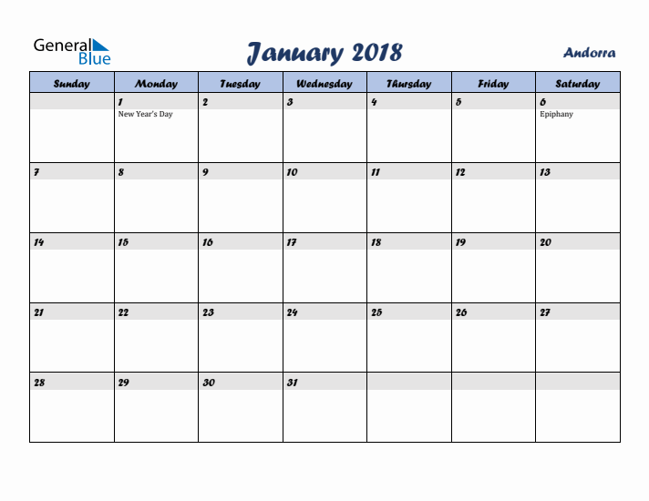 January 2018 Calendar with Holidays in Andorra