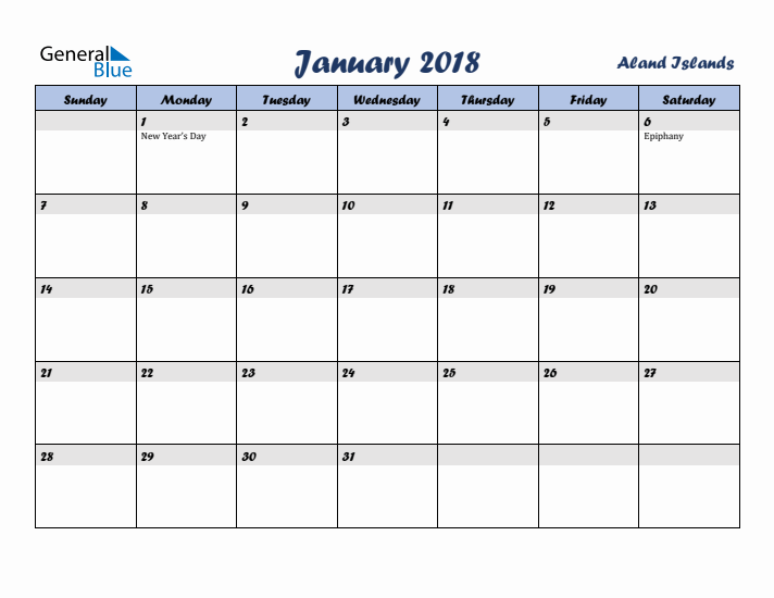January 2018 Calendar with Holidays in Aland Islands