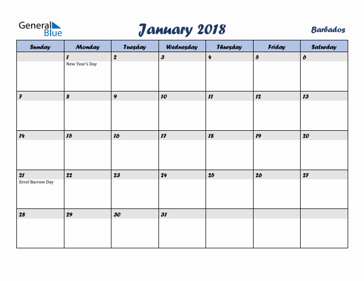 January 2018 Calendar with Holidays in Barbados