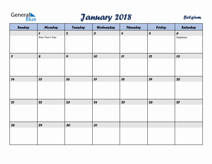 January 2018 Calendar with Holidays in Belgium