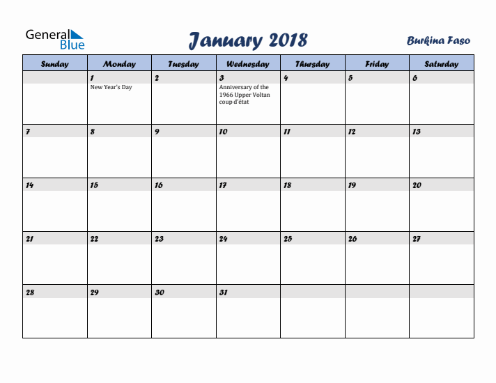 January 2018 Calendar with Holidays in Burkina Faso