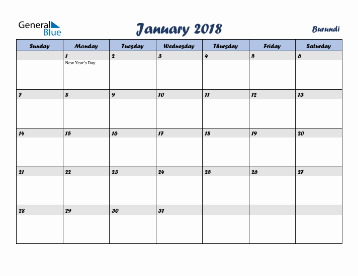 January 2018 Calendar with Holidays in Burundi