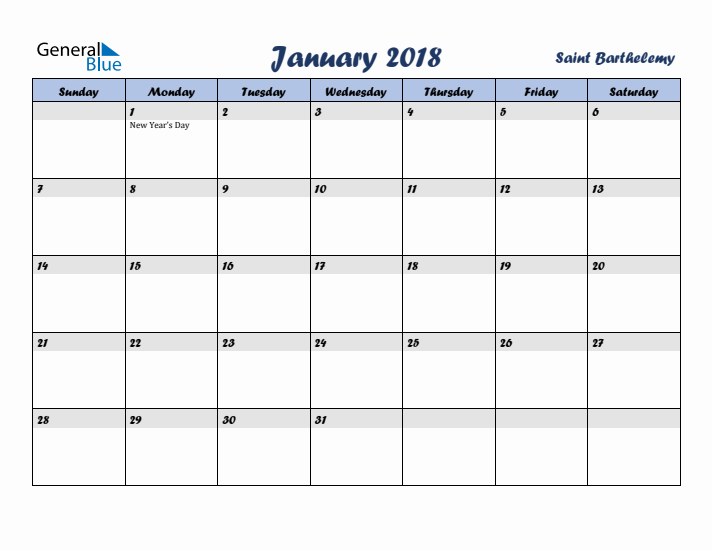 January 2018 Calendar with Holidays in Saint Barthelemy