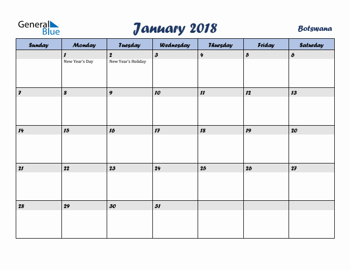 January 2018 Calendar with Holidays in Botswana