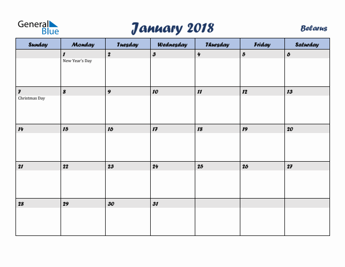 January 2018 Calendar with Holidays in Belarus