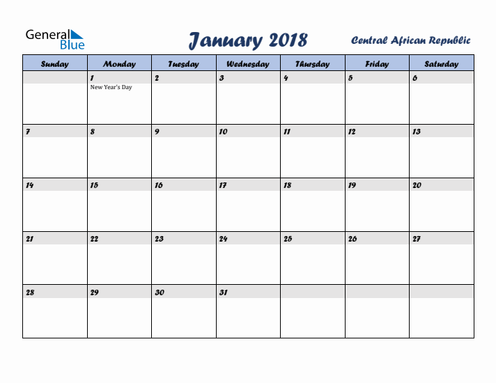 January 2018 Calendar with Holidays in Central African Republic