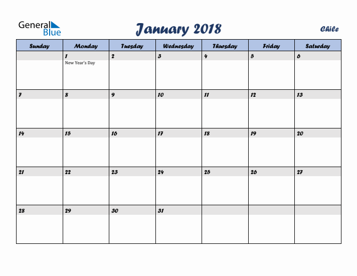 January 2018 Calendar with Holidays in Chile