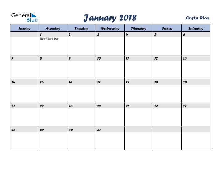 January 2018 Calendar with Holidays in Costa Rica