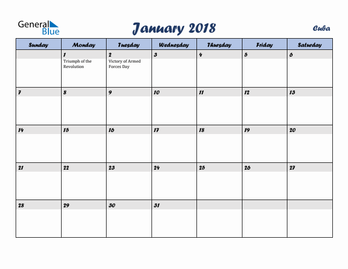 January 2018 Calendar with Holidays in Cuba