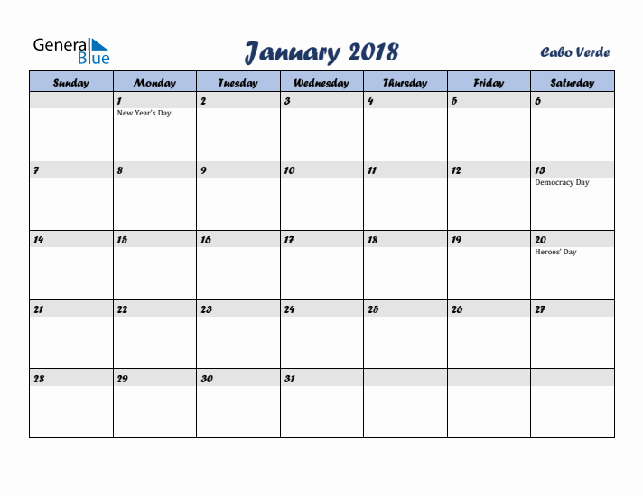 January 2018 Calendar with Holidays in Cabo Verde