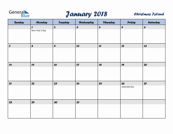 January 2018 Calendar with Holidays in Christmas Island
