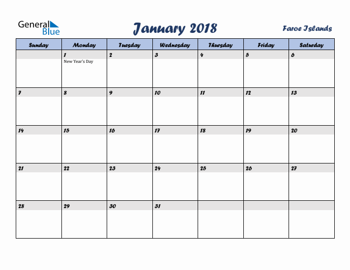 January 2018 Calendar with Holidays in Faroe Islands
