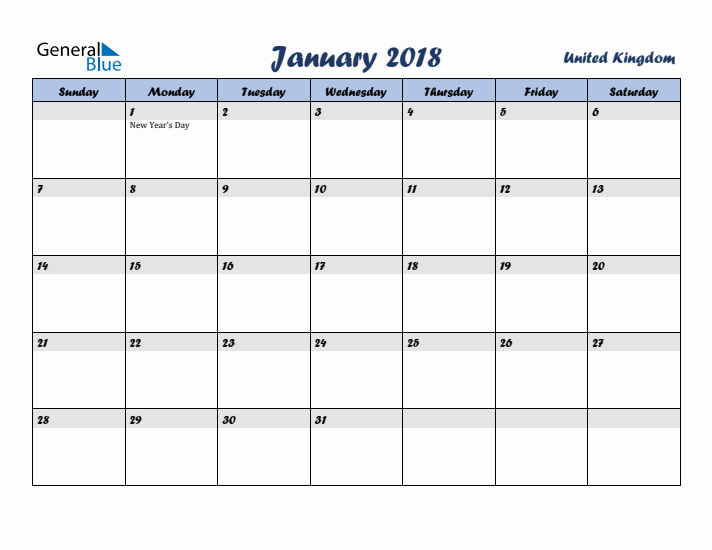 January 2018 Calendar with Holidays in United Kingdom