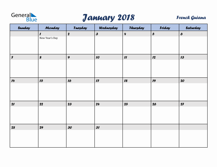 January 2018 Calendar with Holidays in French Guiana