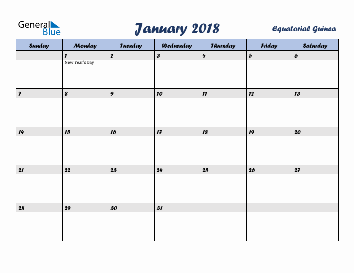 January 2018 Calendar with Holidays in Equatorial Guinea