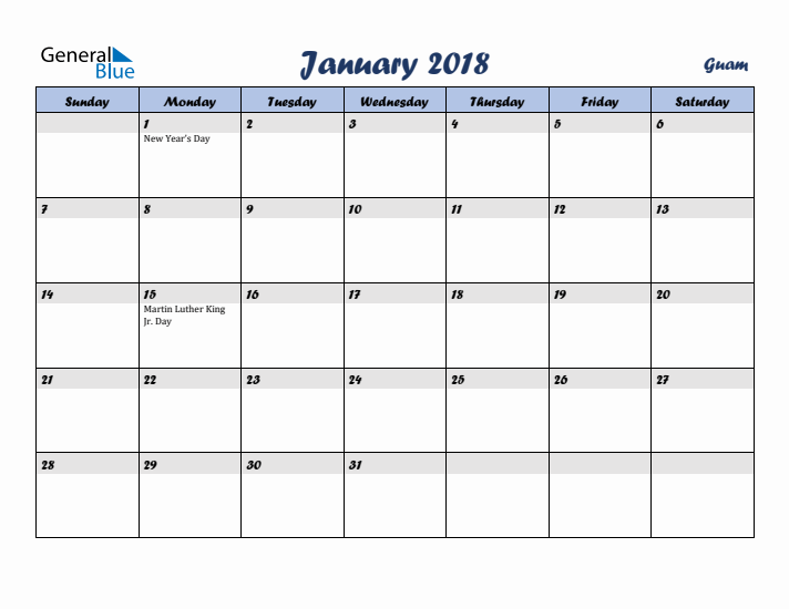 January 2018 Calendar with Holidays in Guam