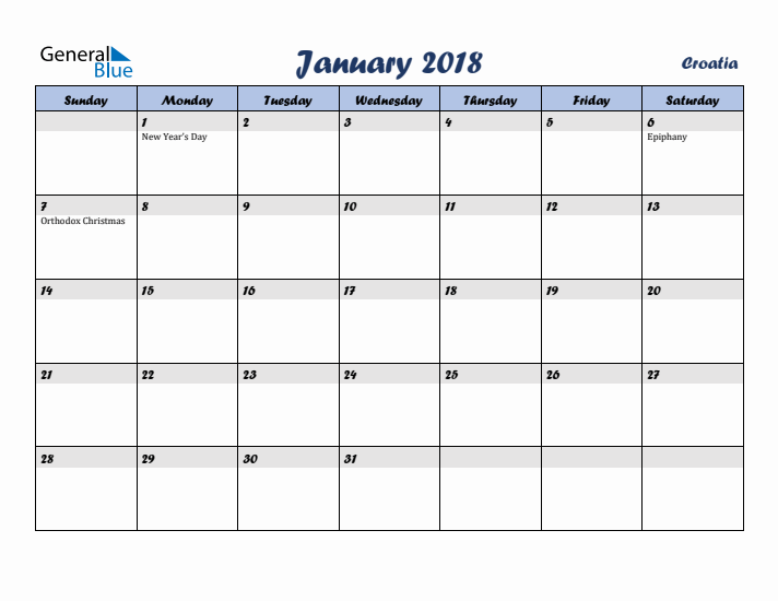 January 2018 Calendar with Holidays in Croatia