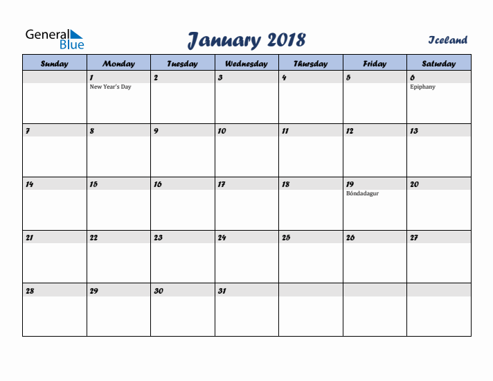 January 2018 Calendar with Holidays in Iceland