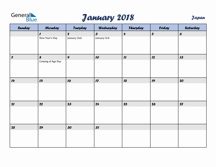January 2018 Calendar with Holidays in Japan