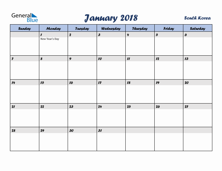January 2018 Calendar with Holidays in South Korea