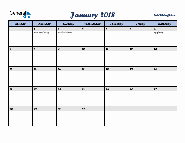 January 2018 Calendar with Holidays in Liechtenstein