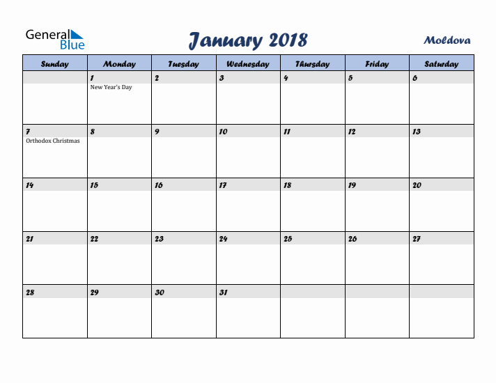 January 2018 Calendar with Holidays in Moldova