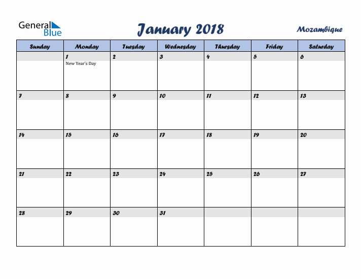 January 2018 Calendar with Holidays in Mozambique