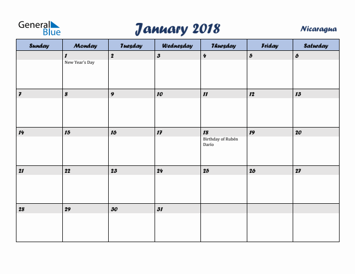 January 2018 Calendar with Holidays in Nicaragua