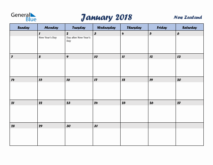 January 2018 Calendar with Holidays in New Zealand