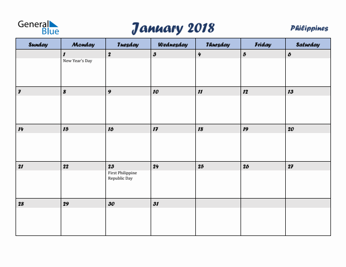 January 2018 Calendar with Holidays in Philippines
