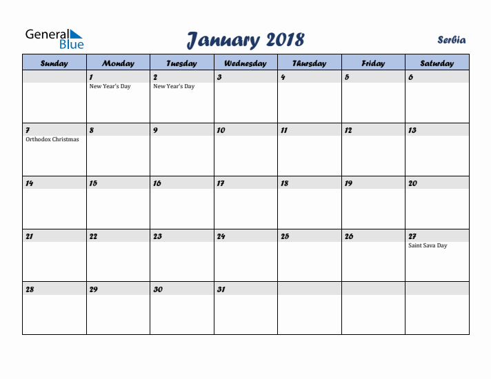 January 2018 Calendar with Holidays in Serbia
