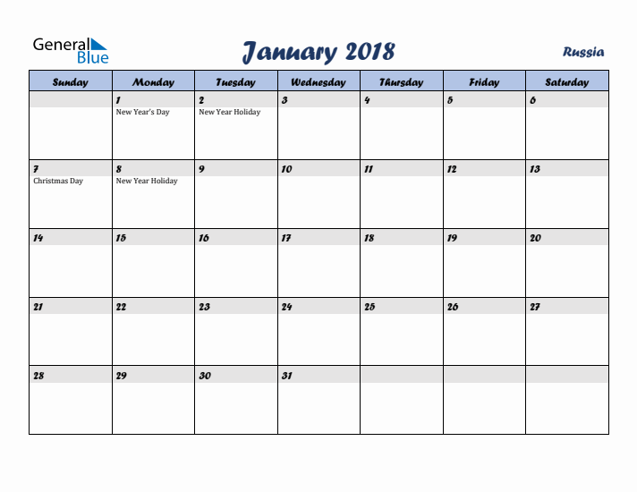 January 2018 Calendar with Holidays in Russia