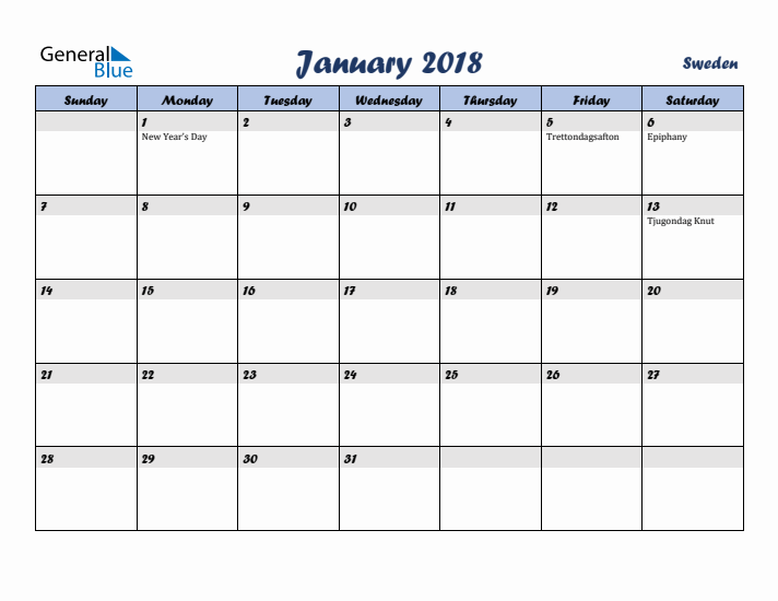 January 2018 Calendar with Holidays in Sweden