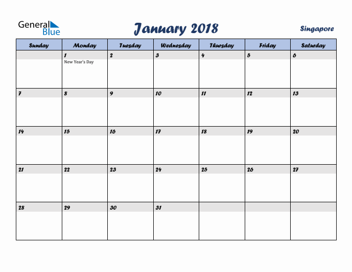 January 2018 Calendar with Holidays in Singapore