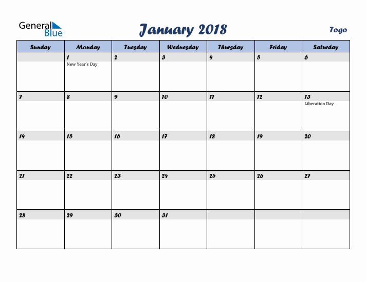 January 2018 Calendar with Holidays in Togo