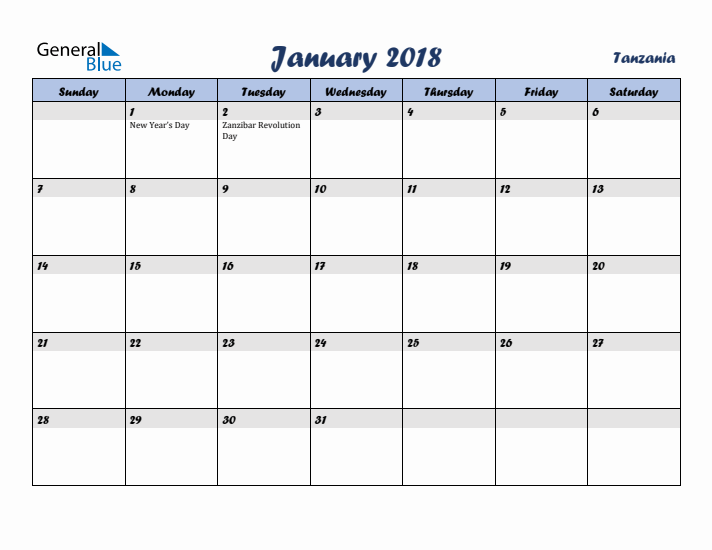 January 2018 Calendar with Holidays in Tanzania