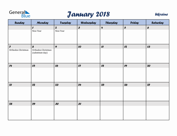 January 2018 Calendar with Holidays in Ukraine