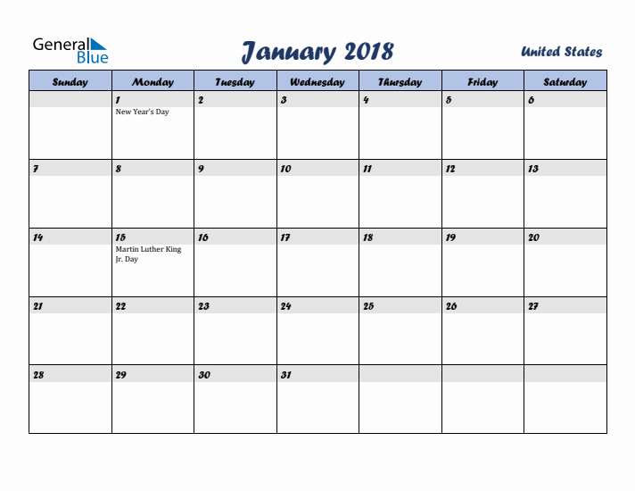 January 2018 Calendar with Holidays in United States