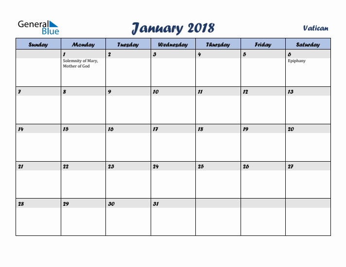January 2018 Calendar with Holidays in Vatican